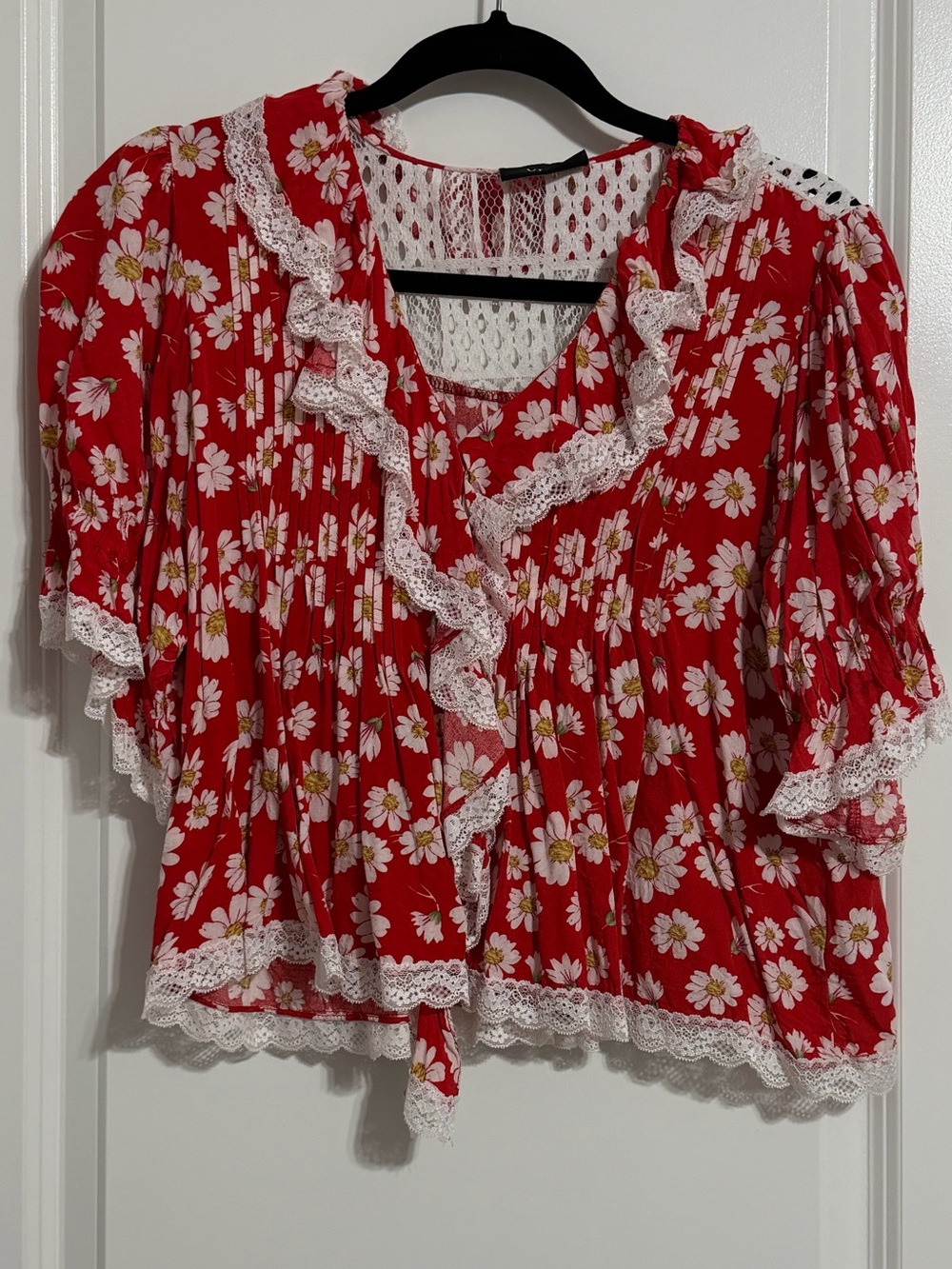 Vici Red Floral Lace-Trim Peasant Blouse